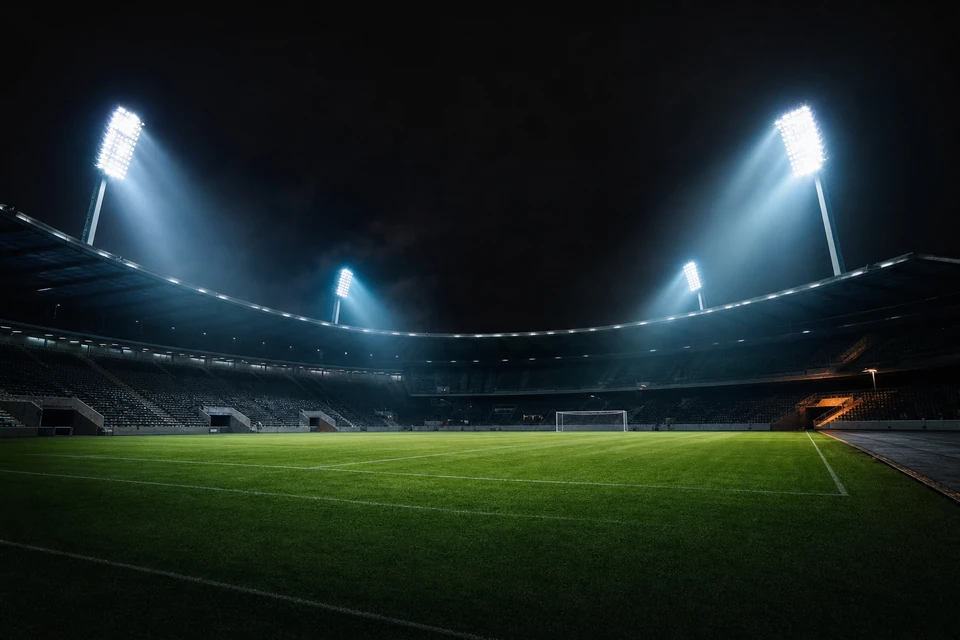 Leeres Fußballstadion bei Nacht unter Flutlicht