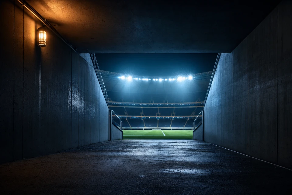 Blick aus dem Spielertunnel auf einen flutlichtbeleuchteten Rasen