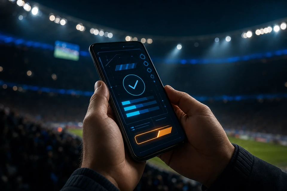 Smartphone mit Bezahl-Oberfläche vor Stadionkulisse